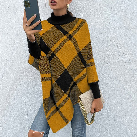 Yellow Mock Neck Plaid Knit Poncho (S-L)