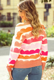 Rose Red Wave Striped Balloon Sleeve Drop Sweater