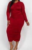 Curvy Ruched Long Sleeve Midi Dress 1X-3X