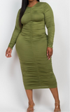 Curvy Ruched Long Sleeve Midi Dress 1X-3X