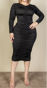 Curvy Ruched Long Sleeve Midi Dress 1X-3X