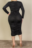 Curvy Ruched Long Sleeve Midi Dress 1X-3X