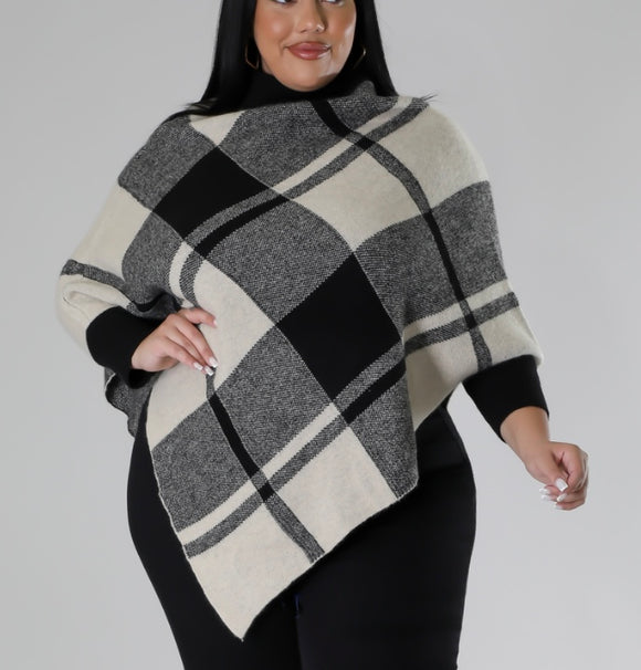 Black & Cream Plaid Poncho