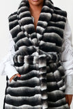 Sleeveless Stripe Faux Fur Warm Belted Coat