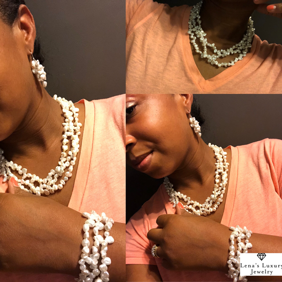 Freshwater Cultured Keshi Pearl Earrings, bracelet and necklace