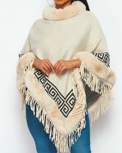 Beige Fur Trimmed Poncho